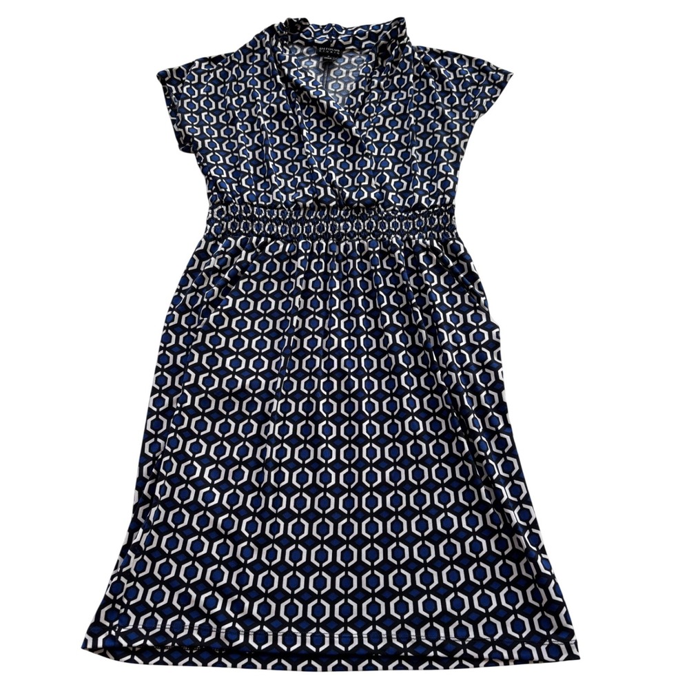 EN FOCUS STUDIO Women Geometric Print Smocked Waist Dress Size 4 Blue White